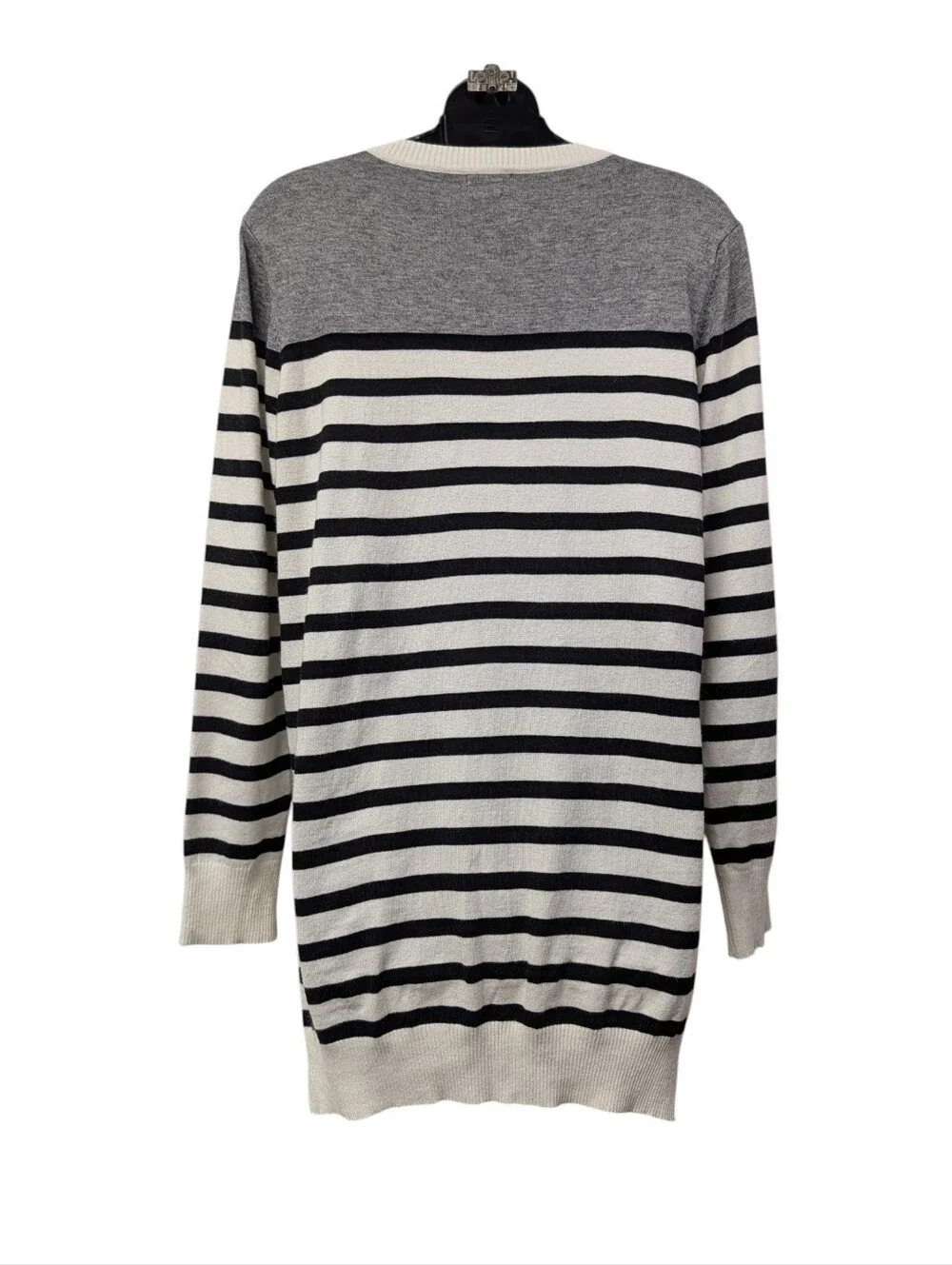& Women's Colorblock Striped Crewneck Sweater White Black Gray Side Slit Size L